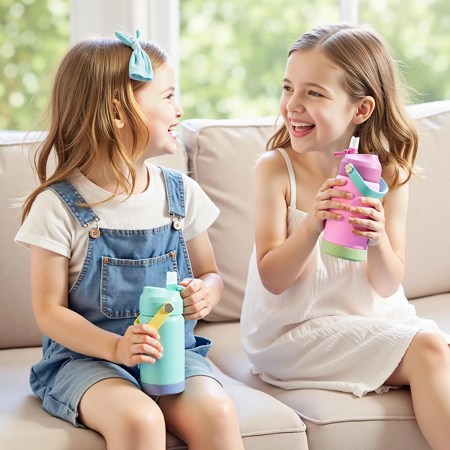 12oz Kids Water Bottle 2 Pack, Stainless Steel Insulated Water Bottle For Kids, Toddler Cup With Straws Leak-proof, Kids Water Bottles For School Boys Girls, BPA Free, Blue Pink 2 Piece Set