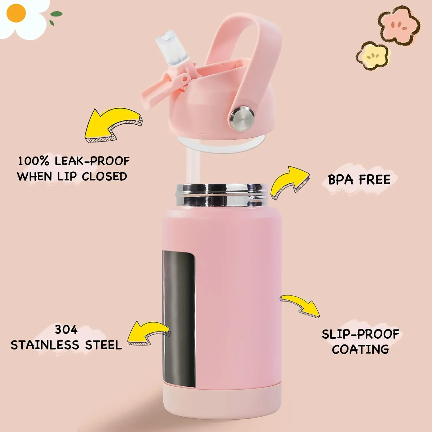 12oz Kids Water Bottle 2 Pack, Stainless Steel Insulated Water Bottle For Kids, Toddler Cup With Straws Leak-proof, Kids Water Bottles For School Boys Girls, BPA Free, Blue Pink 2 Piece Set