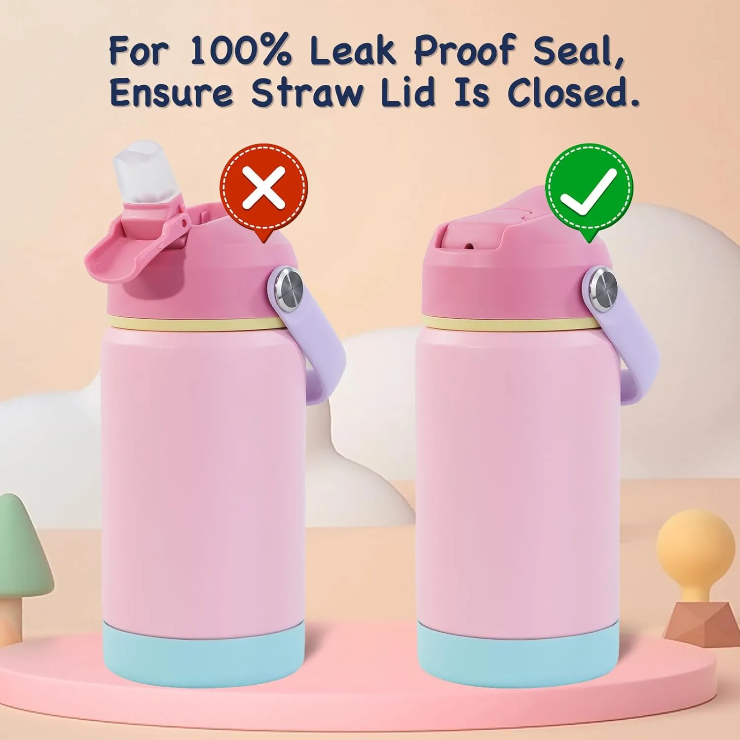 12oz Kids Water Bottle 2 Pack, Stainless Steel Insulated Water Bottle For Kids, Toddler Cup With Straws Leak-proof, Kids Water Bottles For School Boys Girls, BPA Free, Blue Pink 2 Piece Set