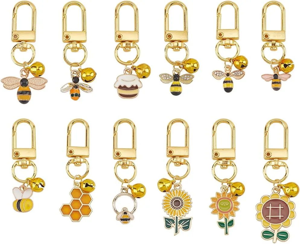 12pcs Cat Dog Collar Bells, Enamel Bees Sunflower Bell Charms with Swivel Clasps Alloy Collar Pendant Accessories for Pet Dog Cat Necklace Decoration Training Keychains DIY Crafts