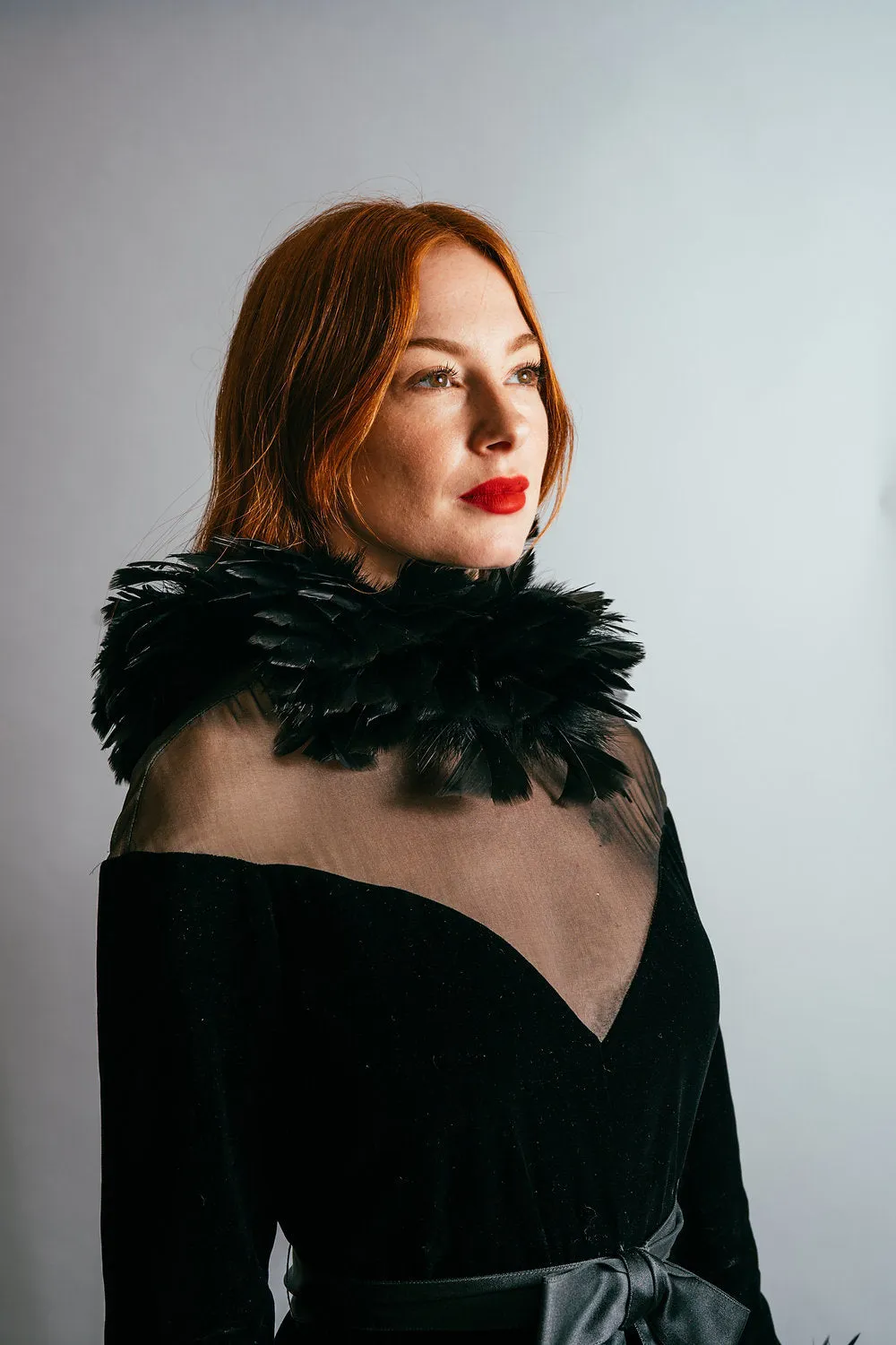 1970's Oscar De La Renta Velvet & Feather Gown