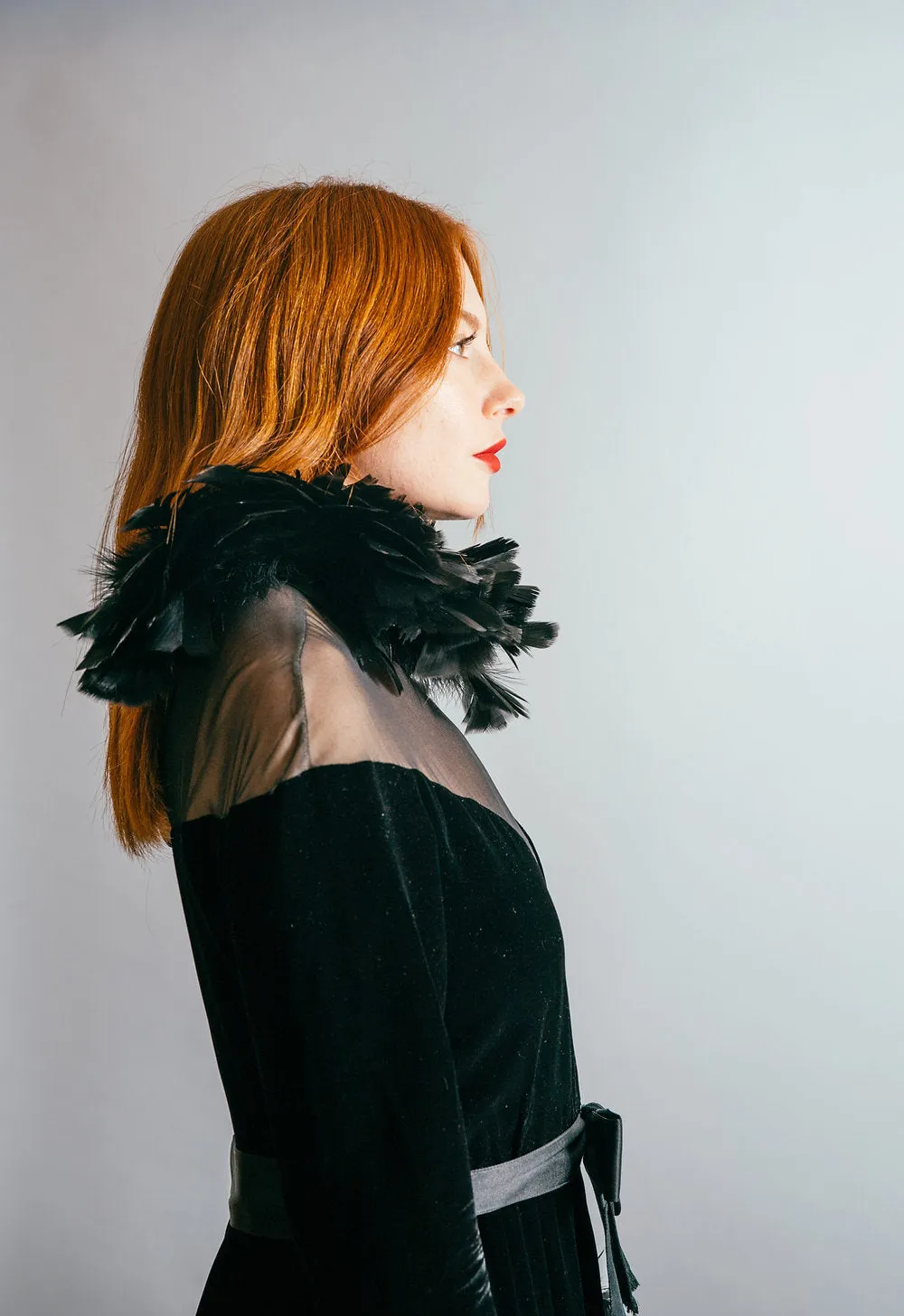 1970's Oscar De La Renta Velvet & Feather Gown