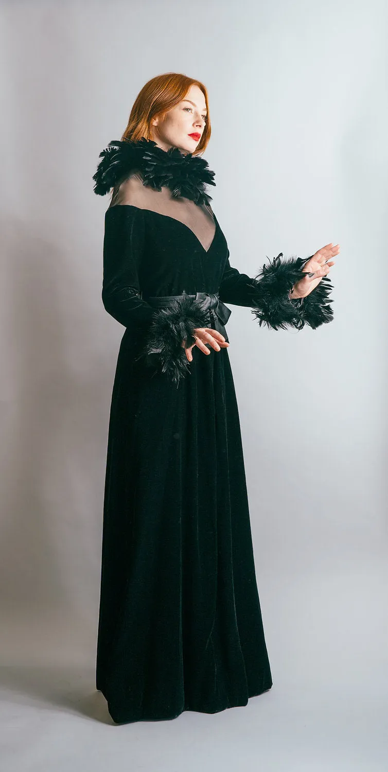 1970's Oscar De La Renta Velvet & Feather Gown