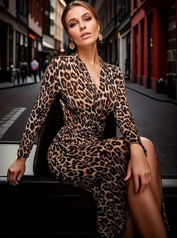 2024 Autumn/winter New Women's Long Dress Sexy Leopard Print V-neck Long Sleeve Tight Slit Bag Hip-covering Skirt Hottie Style
