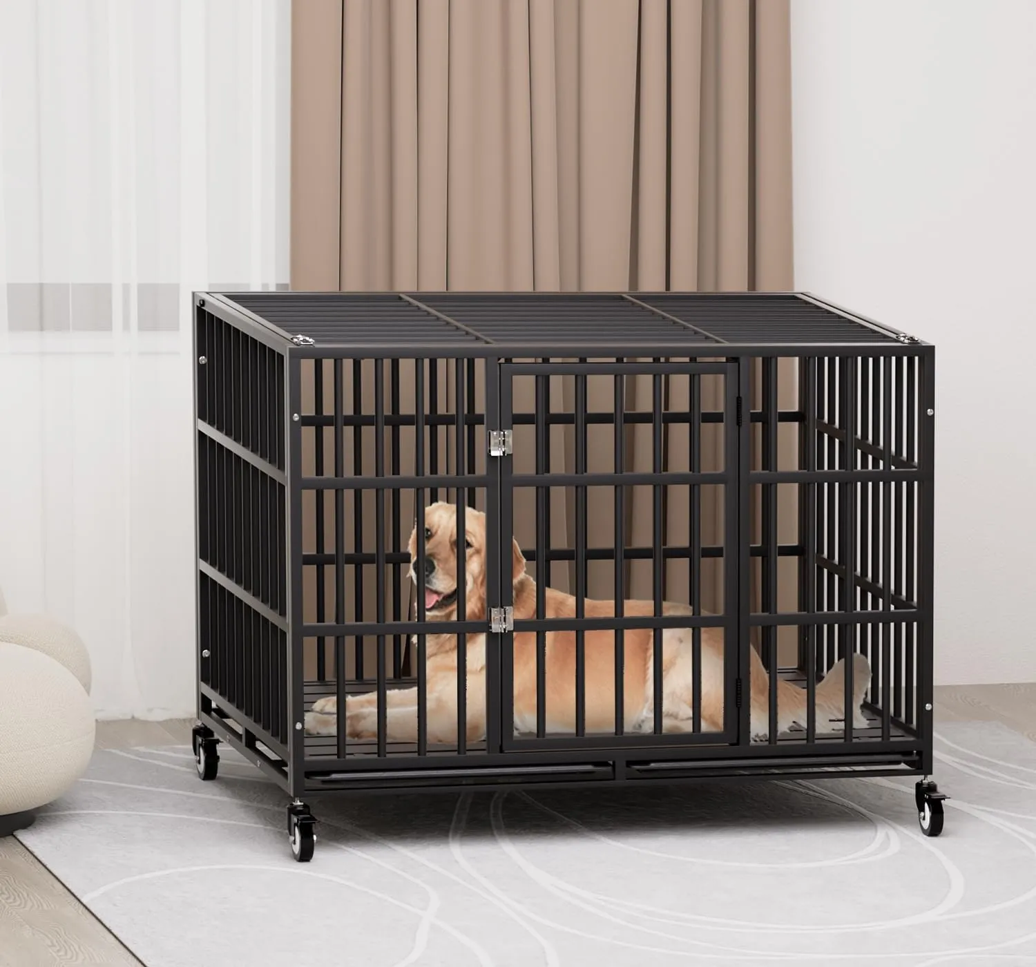 38 Inch Heavy Duty Dog Crate with WheelsIndestructible Escape-Proof Dog Cage for Large Dogs, Extra Large XL XXL Indestructible Dog Crate with Removable Tray.