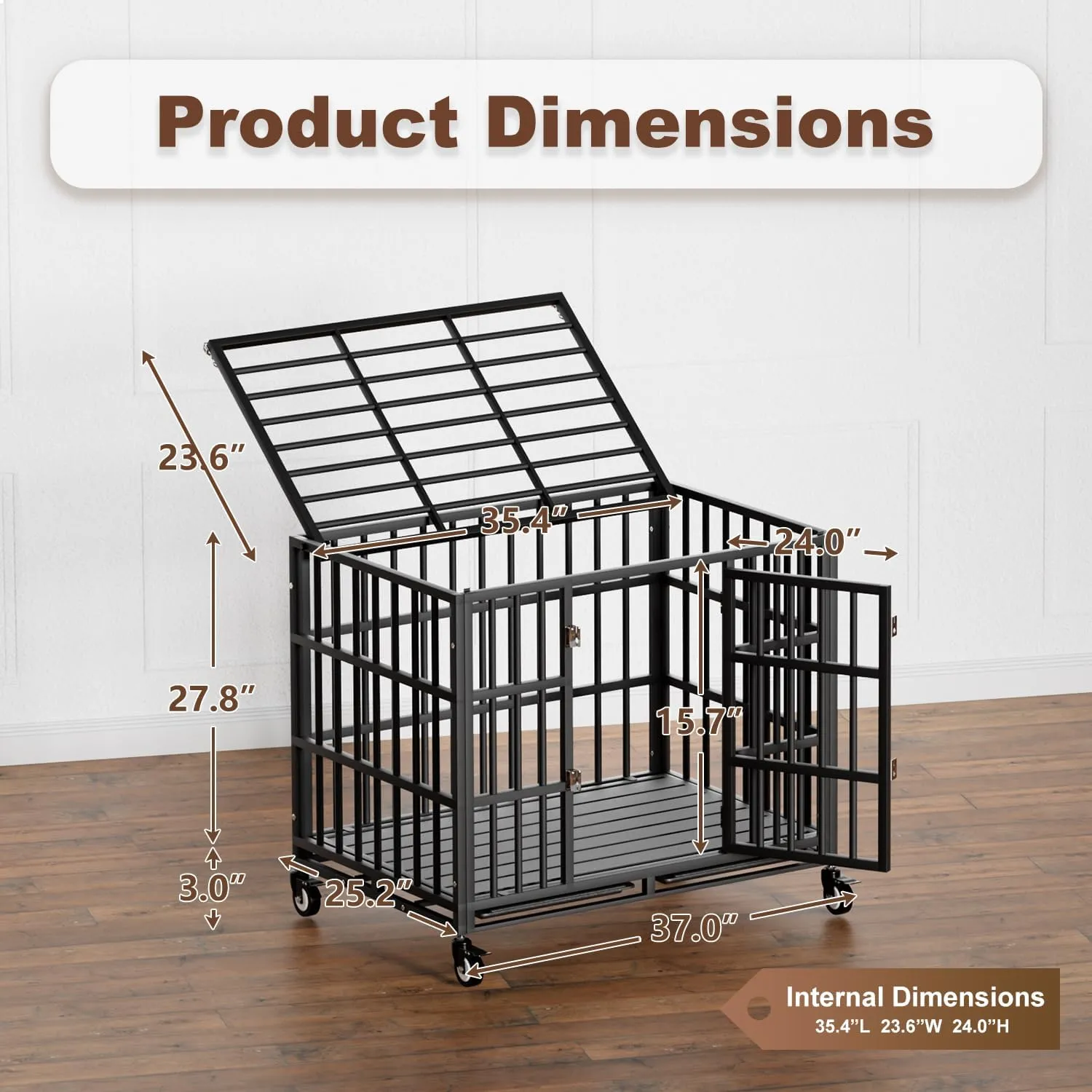 38 Inch Heavy Duty Dog Crate with WheelsIndestructible Escape-Proof Dog Cage for Large Dogs, Extra Large XL XXL Indestructible Dog Crate with Removable Tray.