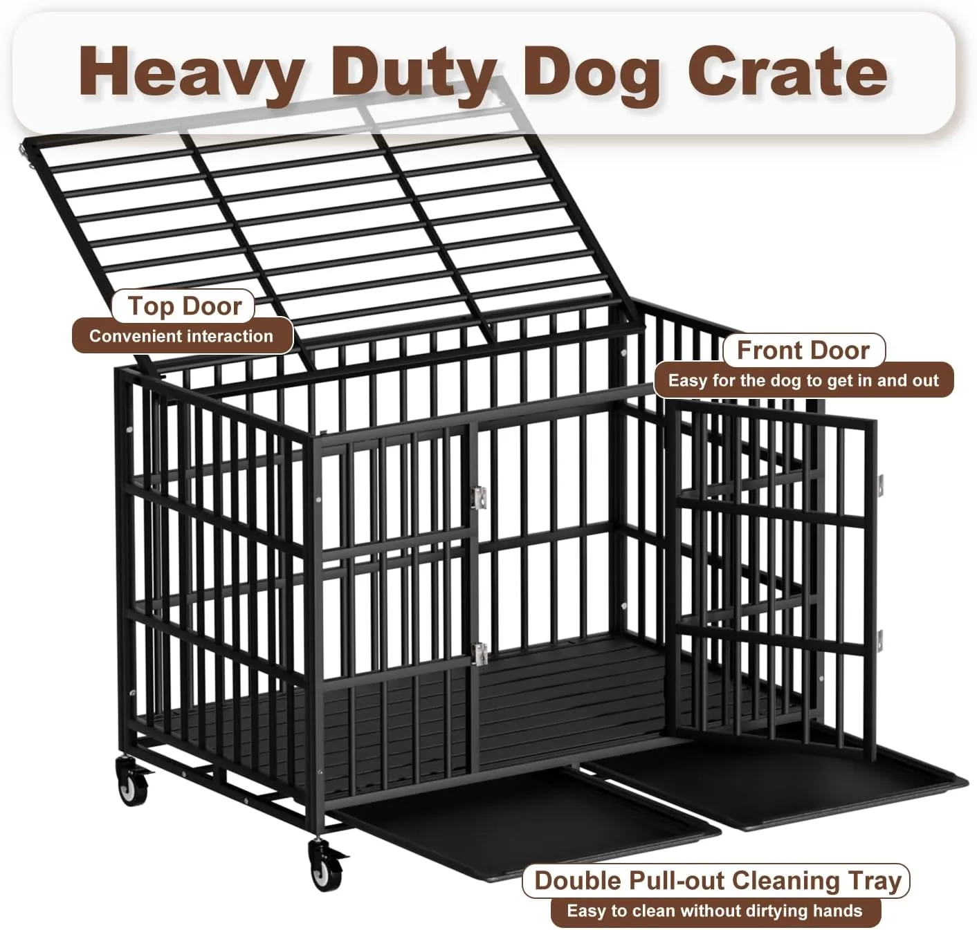 38 Inch Heavy Duty Dog Crate with WheelsIndestructible Escape-Proof Dog Cage for Large Dogs, Extra Large XL XXL Indestructible Dog Crate with Removable Tray.
