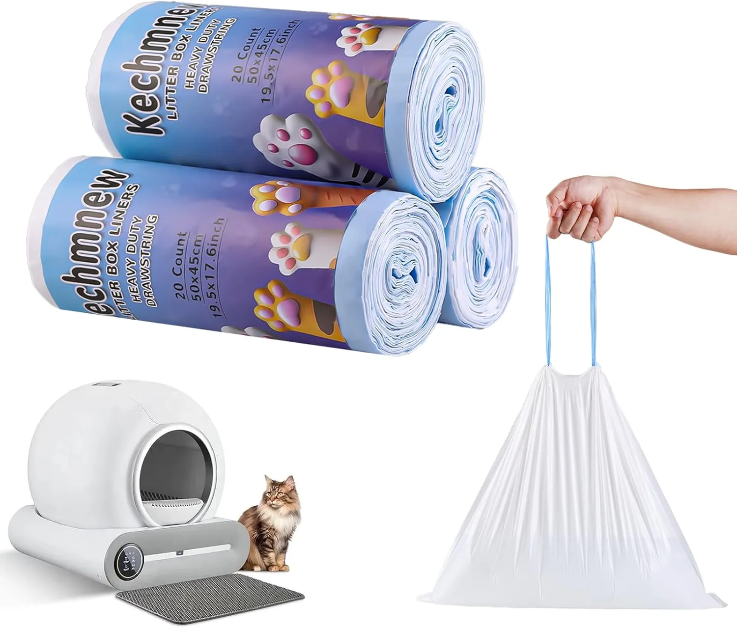 60 Count Self Cleaning Litter Box Bags Compatible with PetCova and MeoWantt, Pet Waste Bags Liners with Drawstring Heavy Duty for Automatic Cat Litter Box -19.5" x 17.6"