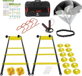 Agility Ladder Speed Training Equipment Set-2x 20ft Agility Ladder,12 Soccer Cones,4 Hurdles, Jump Rope, Running Parachute| Basketball Football Soccer Training Equipment for Kids Youth Adults