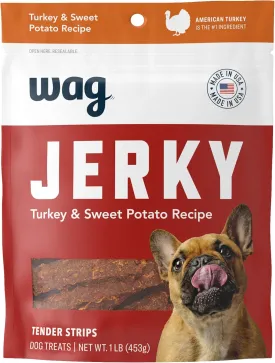 Amazon Brand - Wag Soft & Tender American Jerky Dog Treats  Turkey & Sweet Potato, 16 Ounce (Pack of 1)