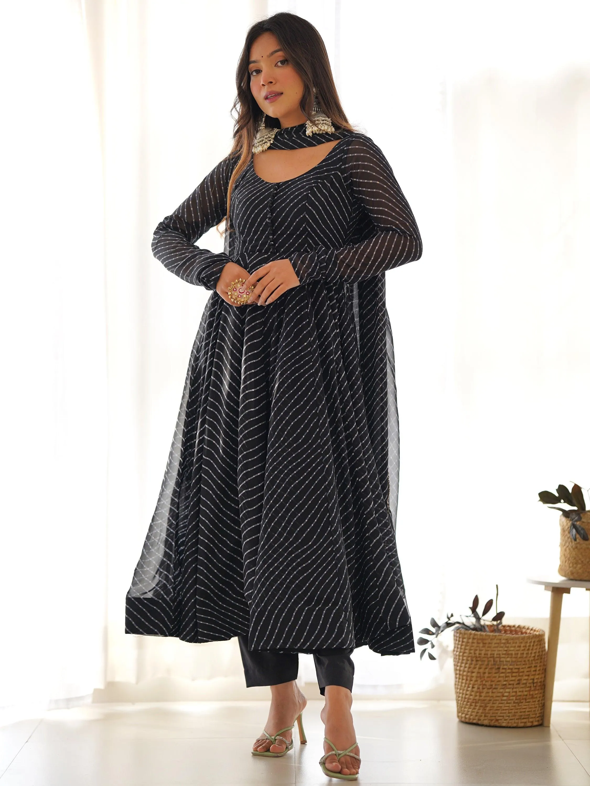 Attractive Black Laheriya Printed Georgette Festival Wear Anarkali Suit