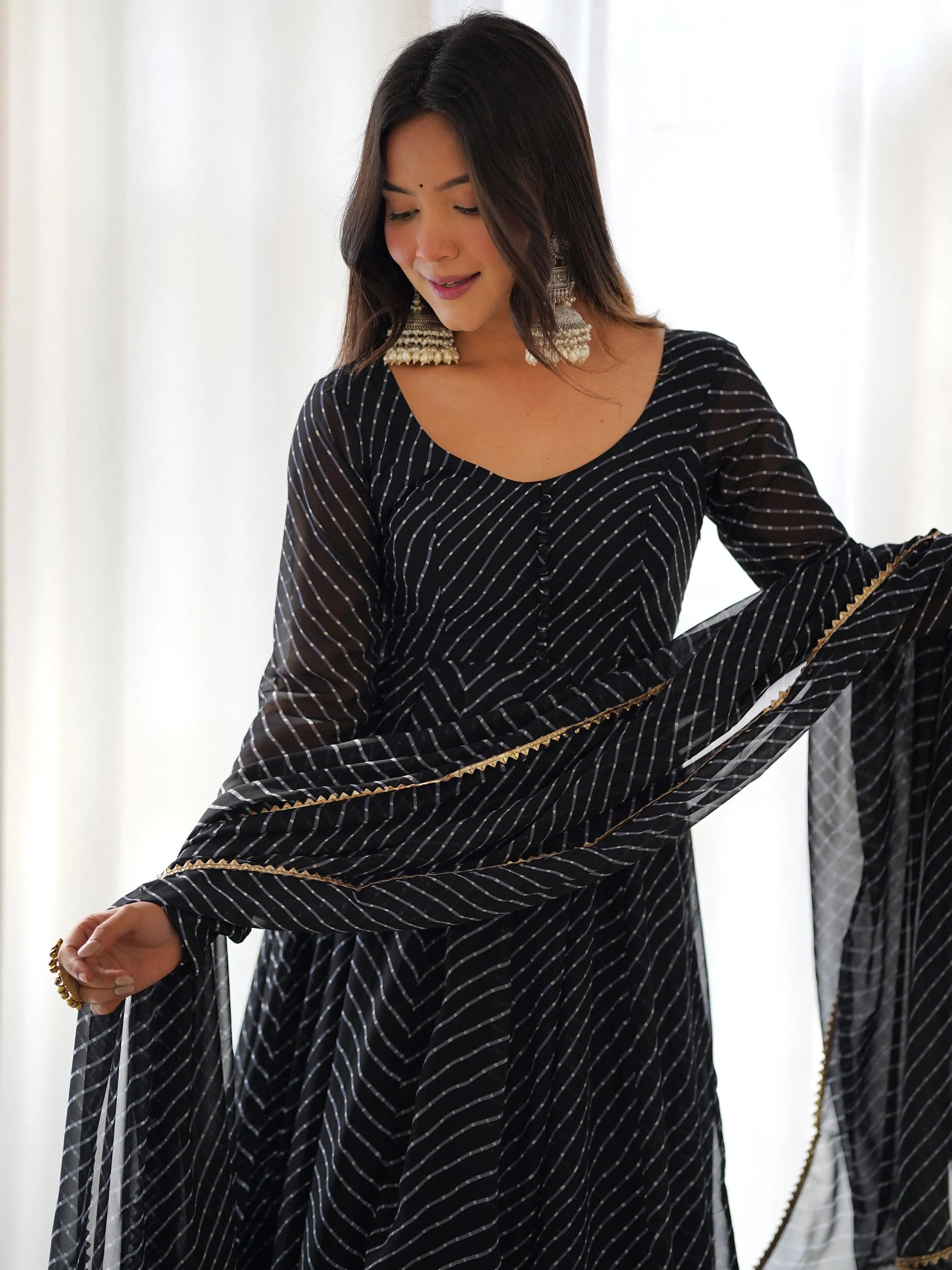Attractive Black Laheriya Printed Georgette Festival Wear Anarkali Suit