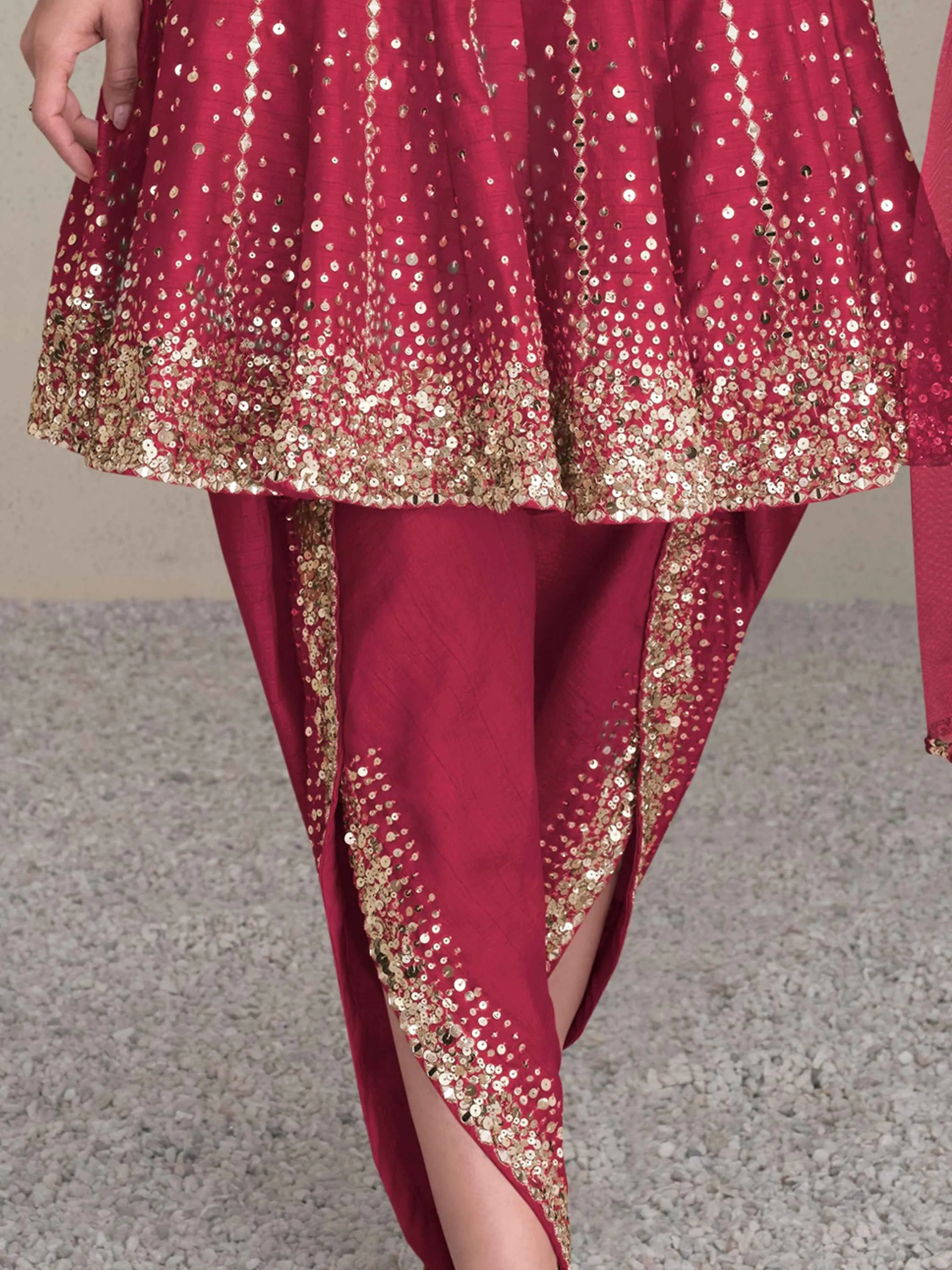 Attractive Pink Sequins Silk Designer Dhoti Suit With Dupatta