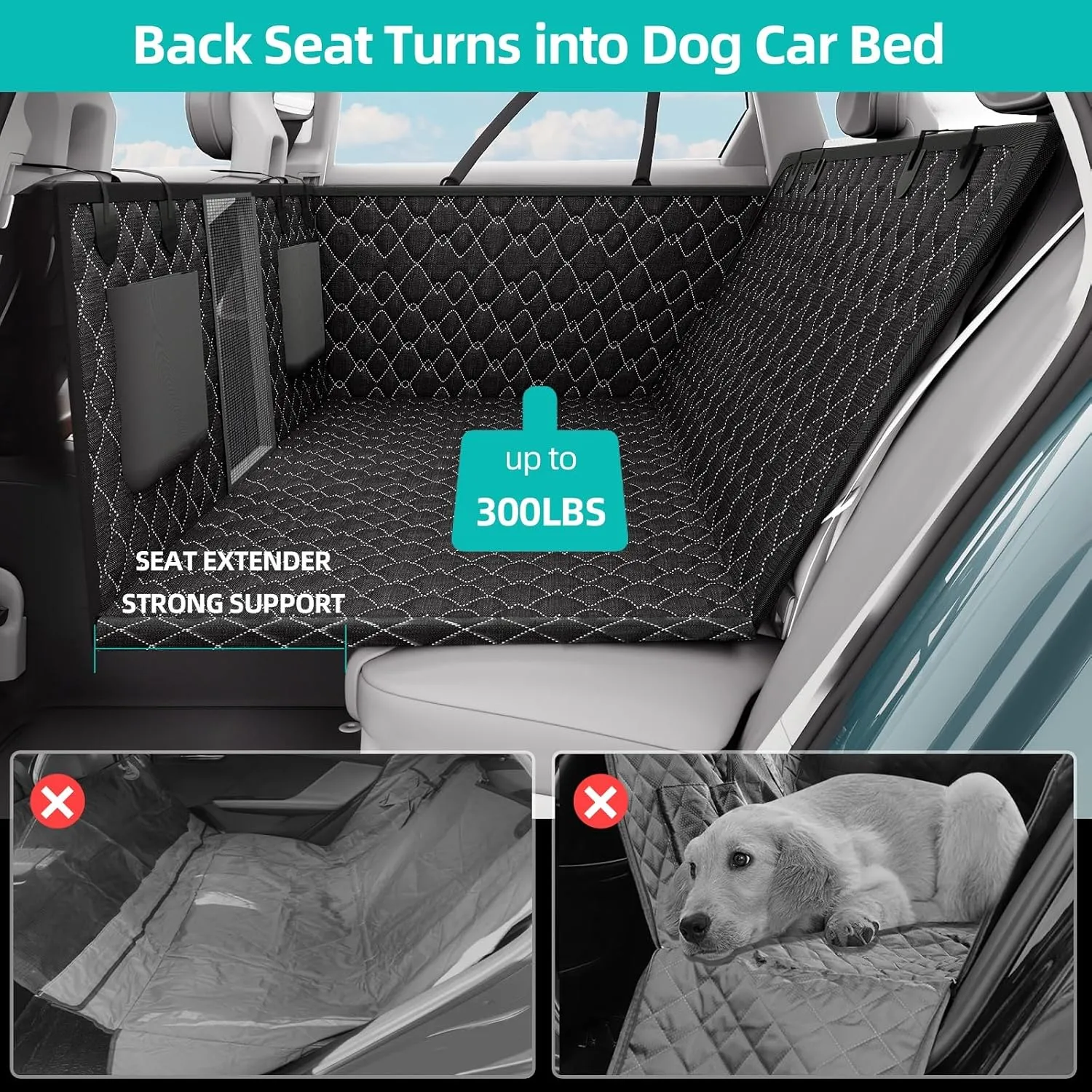 Back Seat Extender for Dogs Hard Bottom Dog Car Seat Cover for Back Seat Heavy Duty Scratch Proof Nonslip Durable Soft 100% Waterproof Dog Hammock for Car Truck SUV