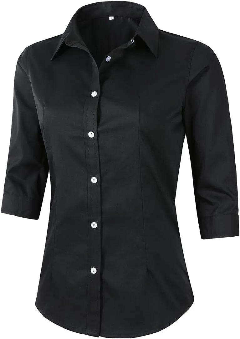 Beninos Women's 3/4 Sleeve Formal Work Wear White Button Down Shirt