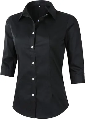 Beninos Women's 3/4 Sleeve Formal Work Wear White Button Down Shirt