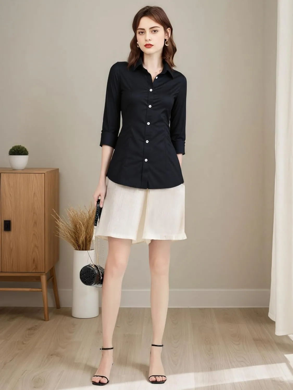 Beninos Women's 3/4 Sleeve Formal Work Wear White Button Down Shirt