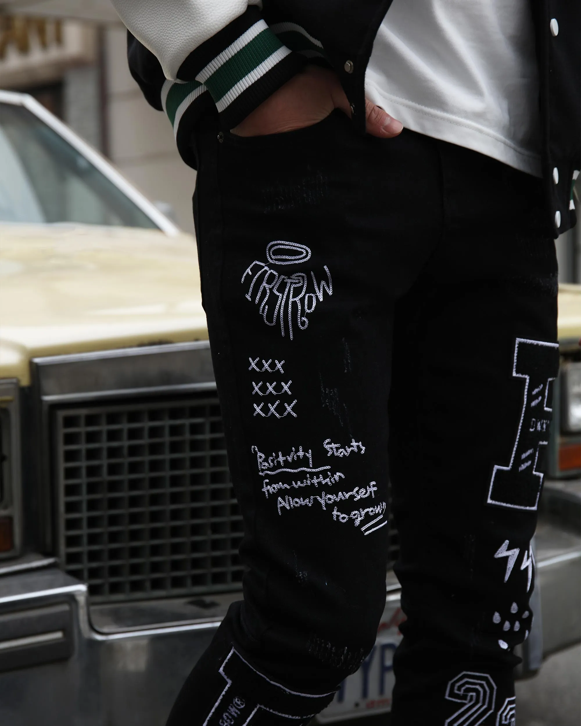 Black Urban Graffiti Embroidery Slim-fit Jeans-Mexico Local Delivery