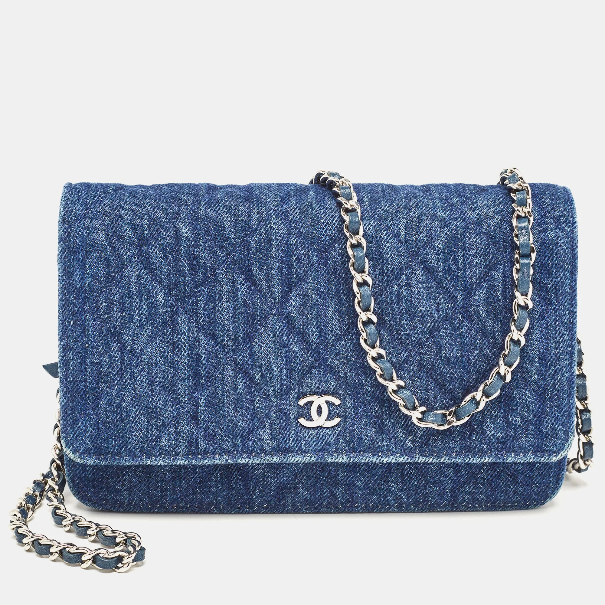 Blue Quilted Denim Classic Wallet On Chain
