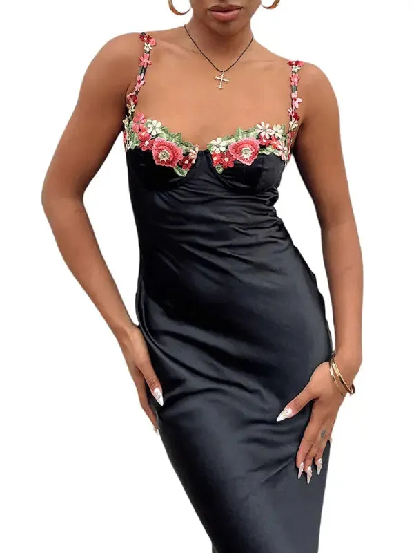 Blue Zone Planet |   Isabella's Embroidered Lace Camisole Solid Color Long Dress