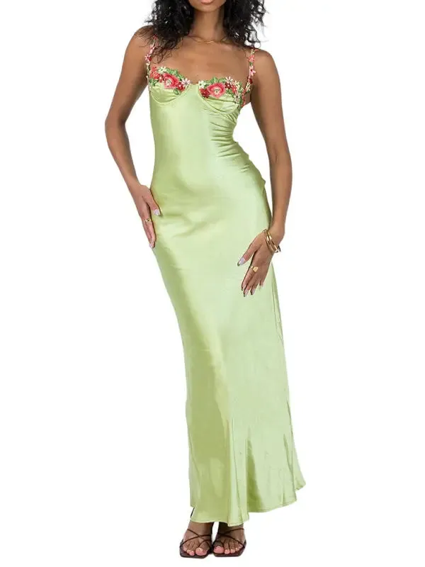 Blue Zone Planet |   Isabella's Embroidered Lace Camisole Solid Color Long Dress