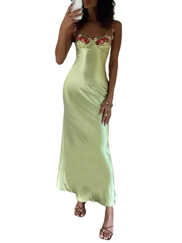 Blue Zone Planet |   Isabella's Embroidered Lace Camisole Solid Color Long Dress