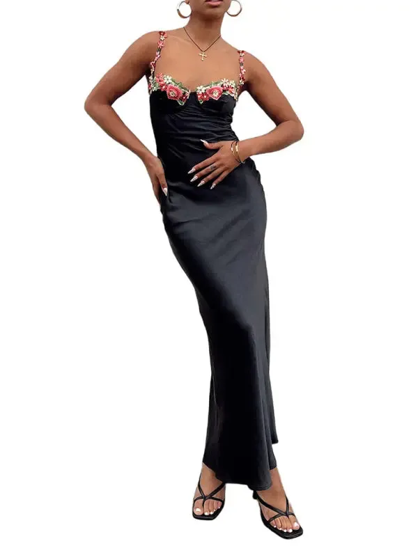 Blue Zone Planet |   Isabella's Embroidered Lace Camisole Solid Color Long Dress