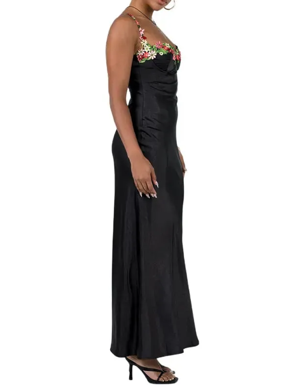 Blue Zone Planet |   Isabella's Embroidered Lace Camisole Solid Color Long Dress