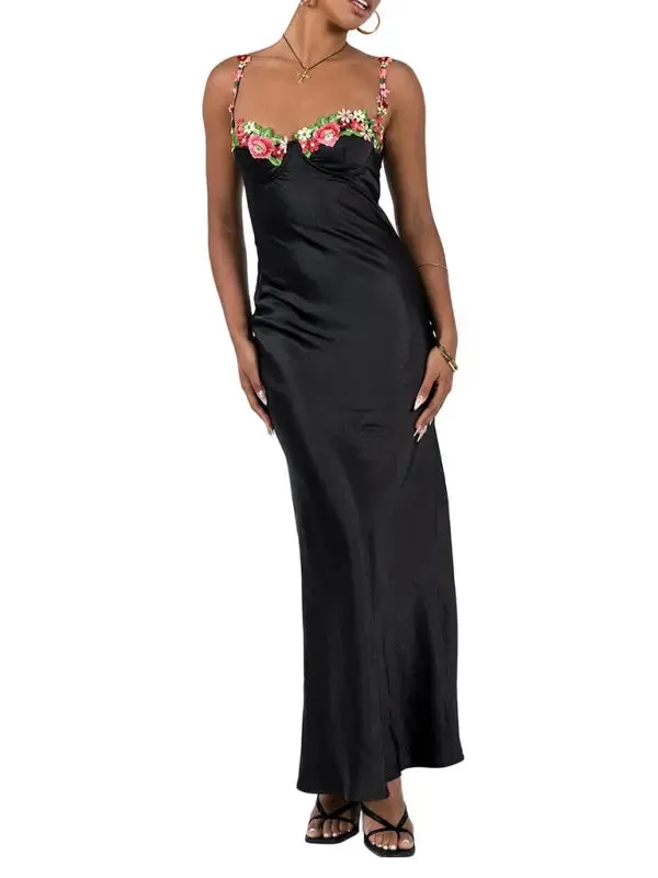 Blue Zone Planet |   Isabella's Embroidered Lace Camisole Solid Color Long Dress
