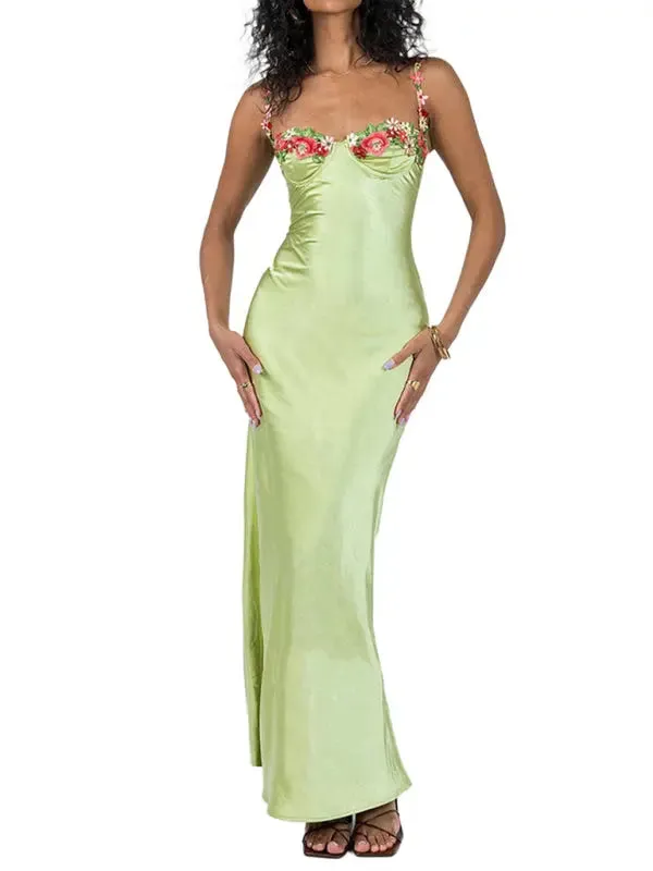 Blue Zone Planet |   Isabella's Embroidered Lace Camisole Solid Color Long Dress