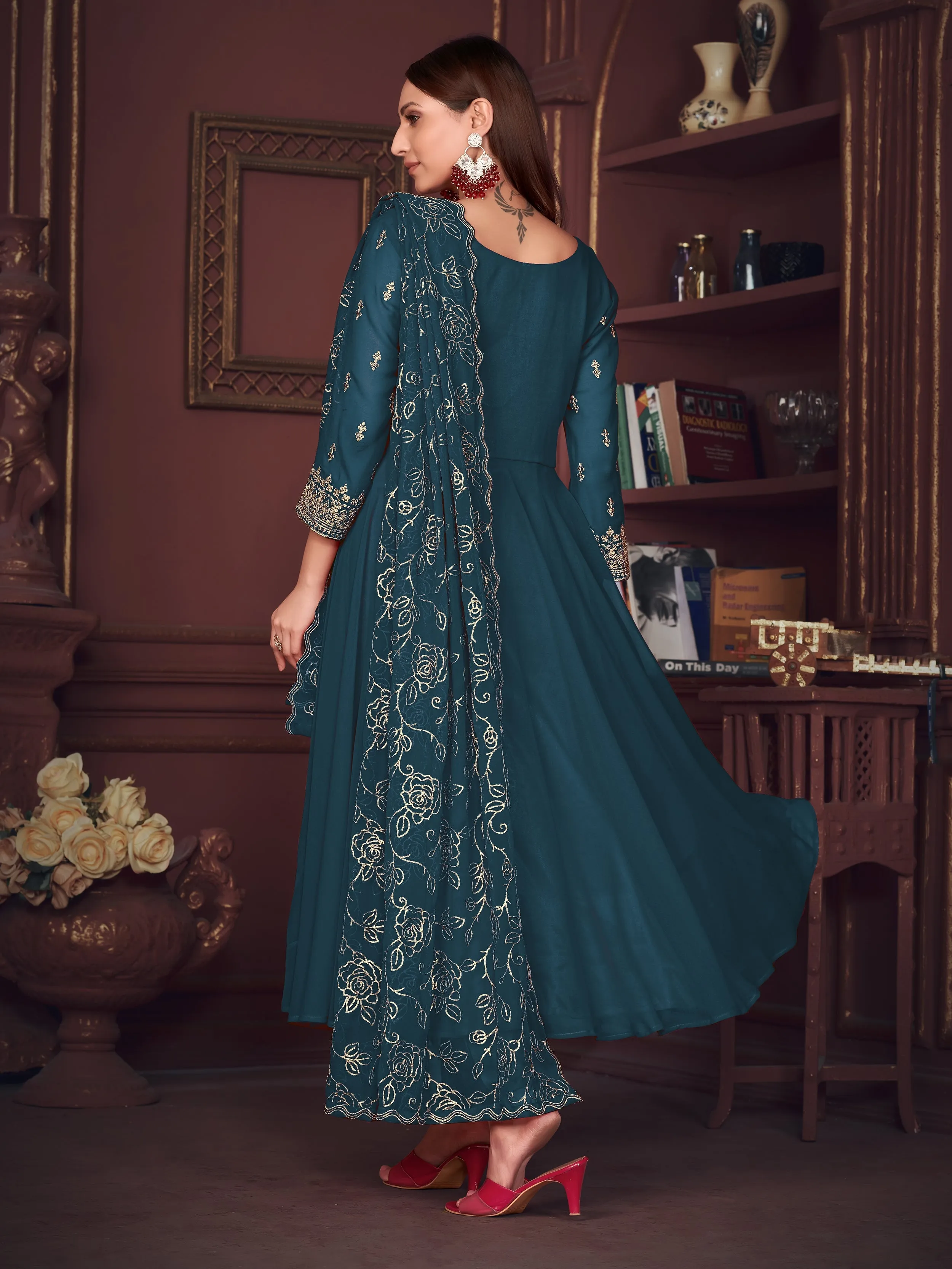 Captivating Blue Embroidered Georgette Anarkali Suit With Dupatta