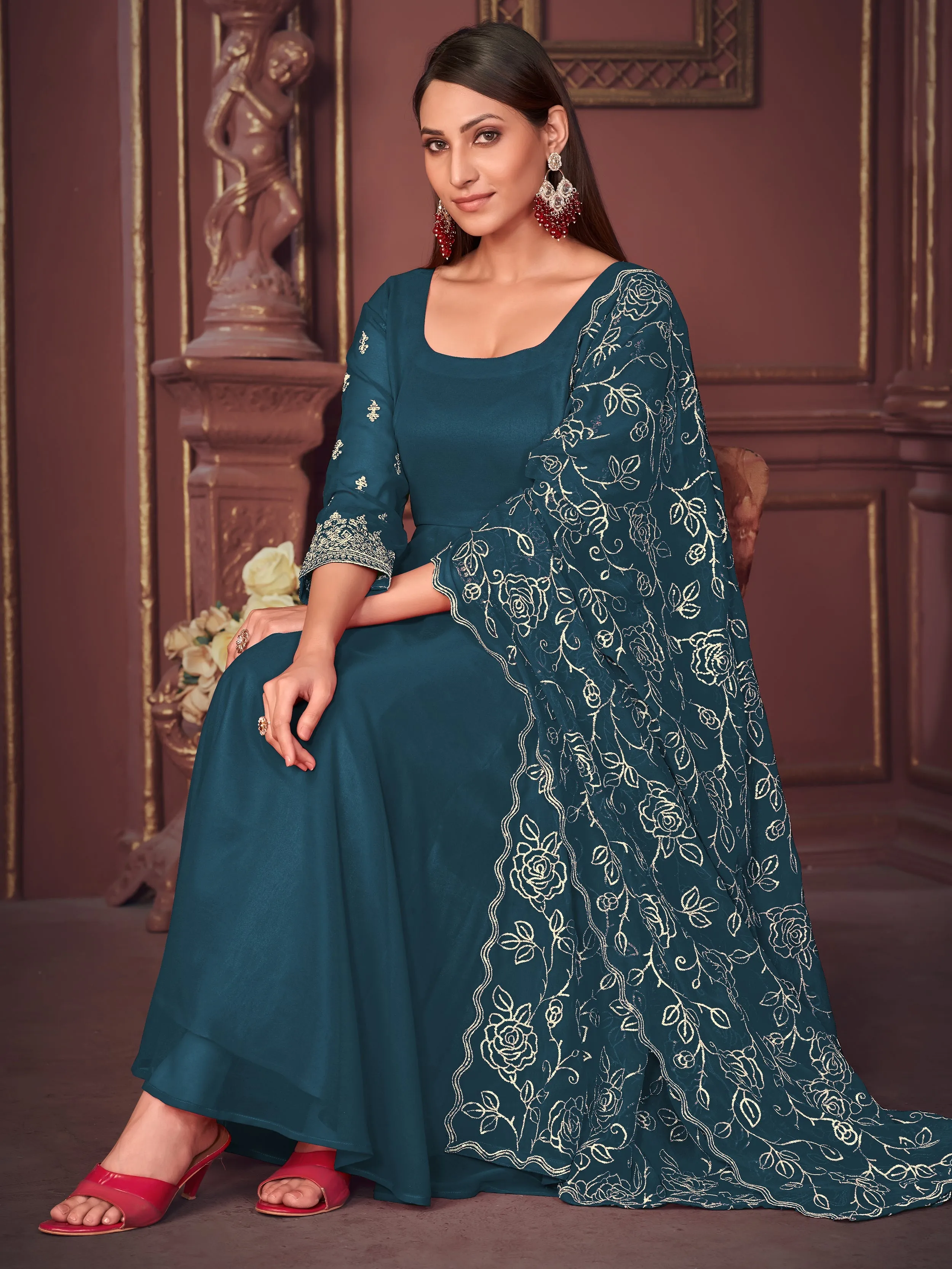 Captivating Blue Embroidered Georgette Anarkali Suit With Dupatta