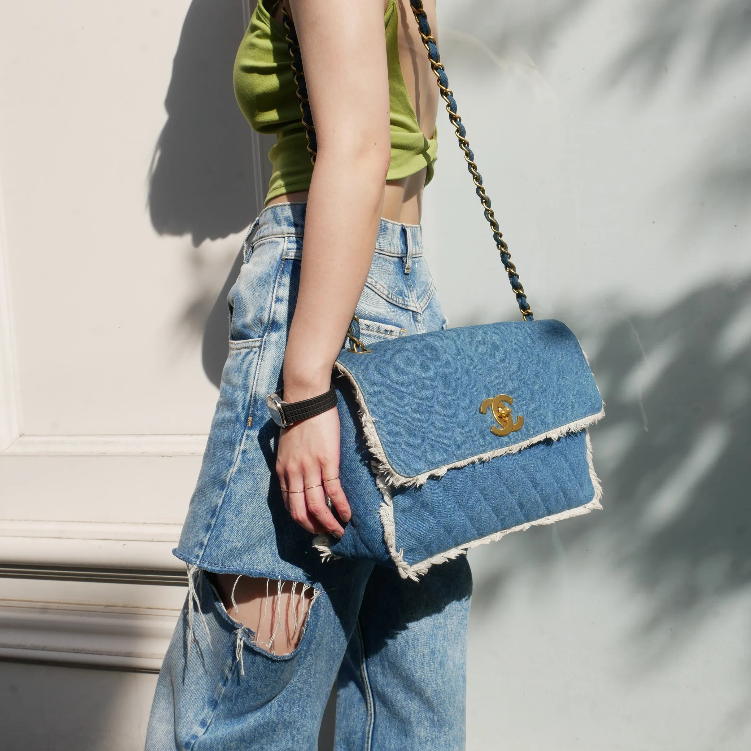 CHANEL★ 1991-1994 Denim Straight Flap Maxi 61782