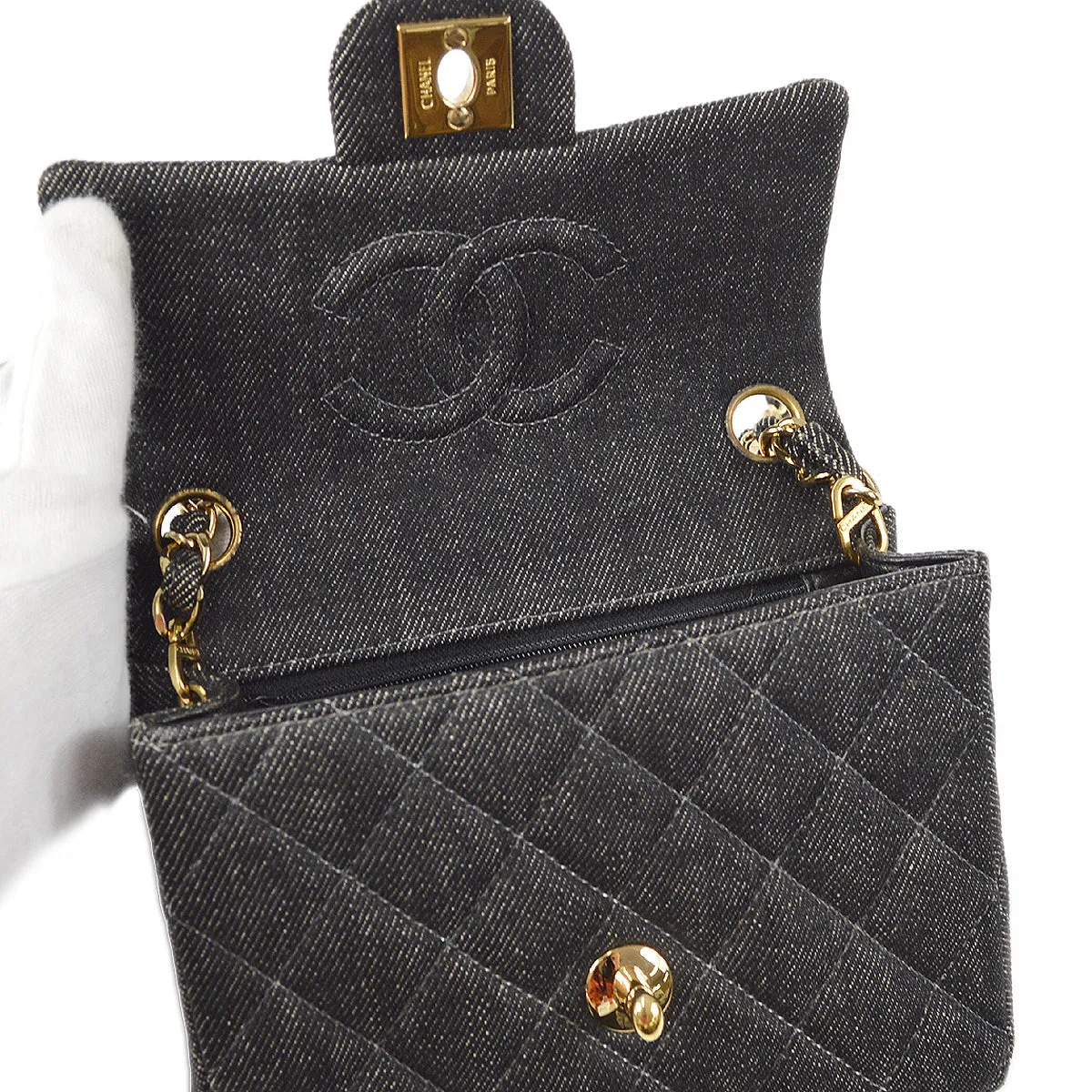 CHANEL 2001-2003 Classic Flap Mini Square 17 Black Denim 88001