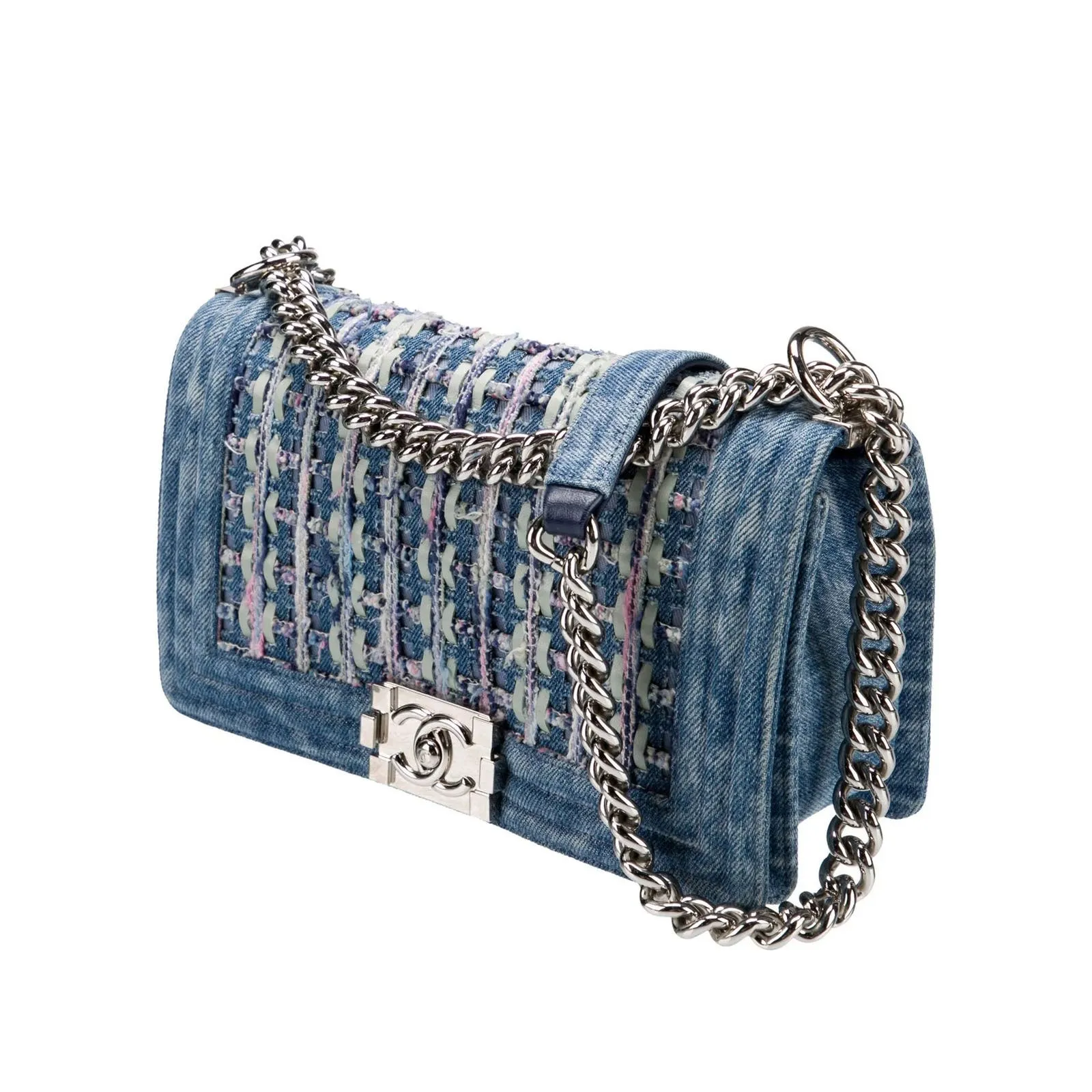 Chanel 2018 Rare Denim Medium Classic Boy Flap Pastel Mint Purple Pink Tweed Bag