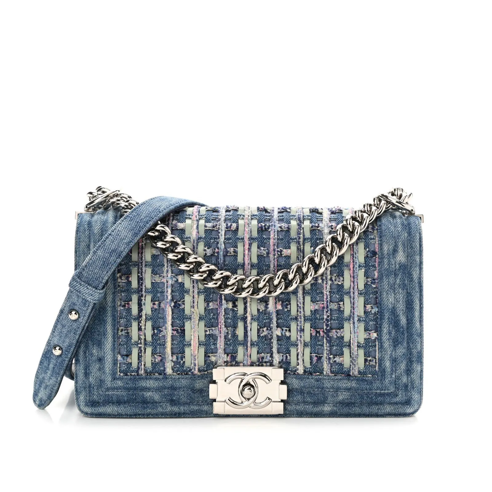 Chanel 2018 Rare Denim Medium Classic Boy Flap Pastel Mint Purple Pink Tweed Bag