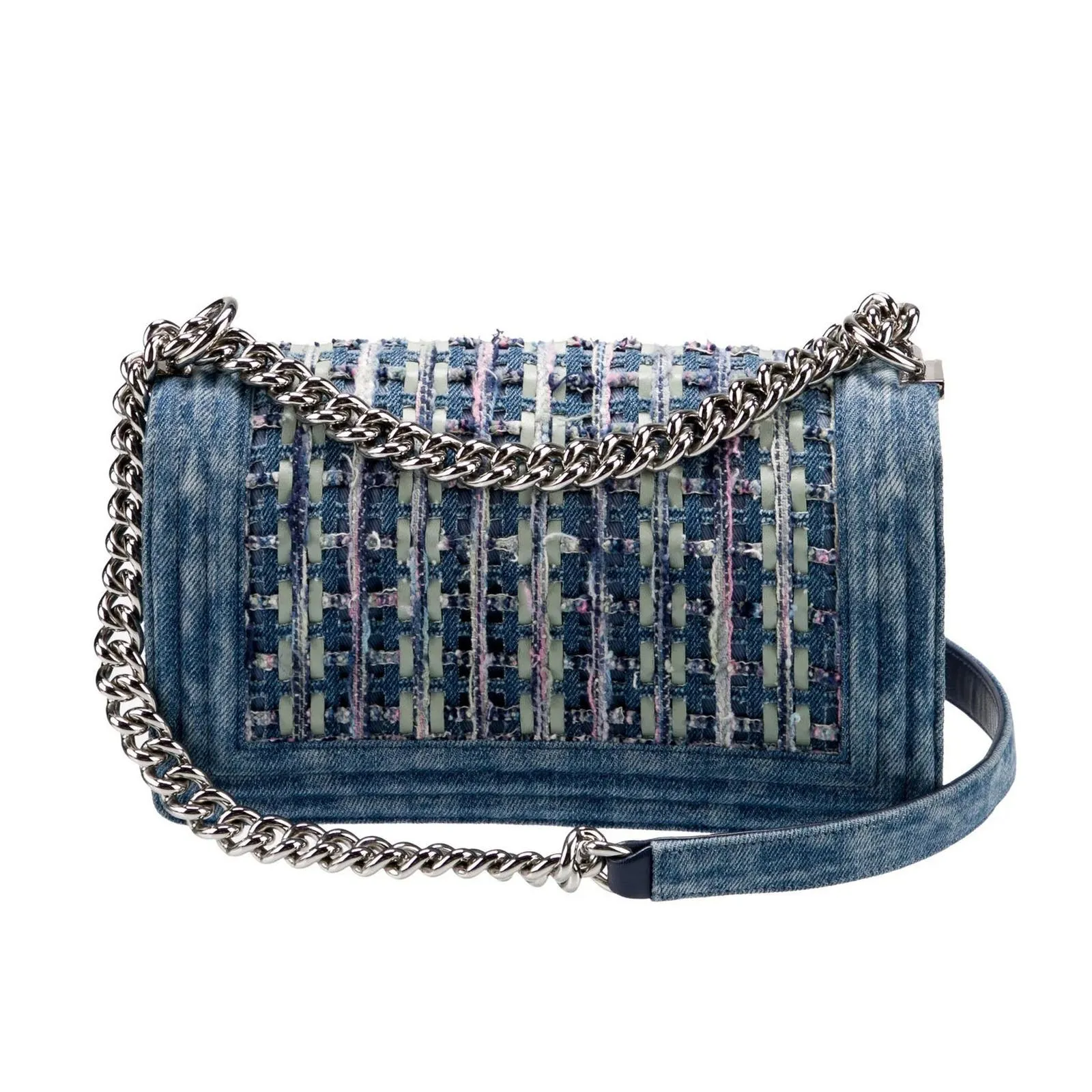 Chanel 2018 Rare Denim Medium Classic Boy Flap Pastel Mint Purple Pink Tweed Bag