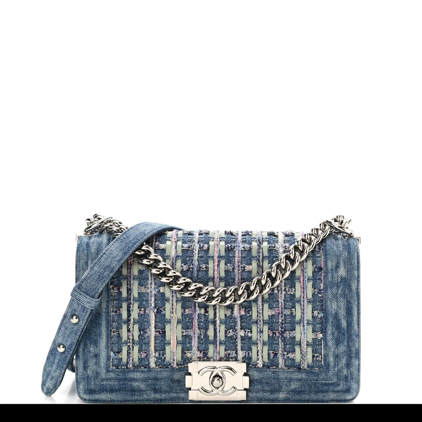 Chanel 2018 Rare Denim Medium Classic Boy Flap Pastel Mint Purple Pink Tweed Bag
