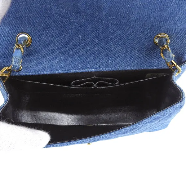 CHANEL Around 1990 Made Denim Full Flap Mini Chain Bag Blue