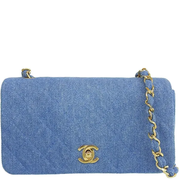 CHANEL Around 1990 Made Denim Full Flap Mini Chain Bag Blue