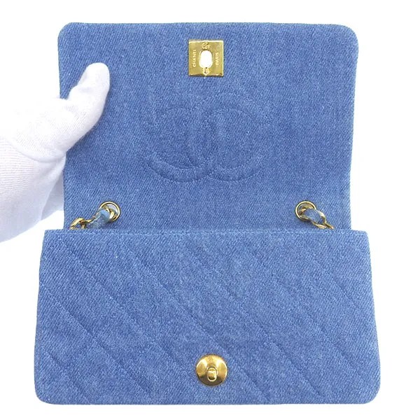 CHANEL Around 1990 Made Denim Full Flap Mini Chain Bag Blue