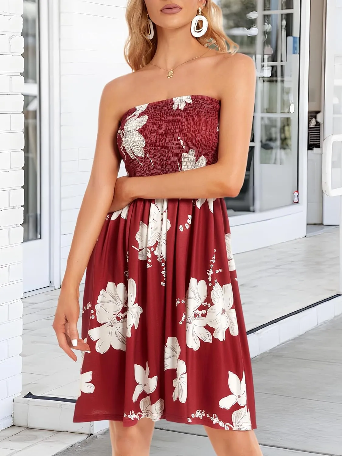 CHICGAL Summer Dresses for Women Beach Cover Ups Strapless Boho Floral Print Sundress