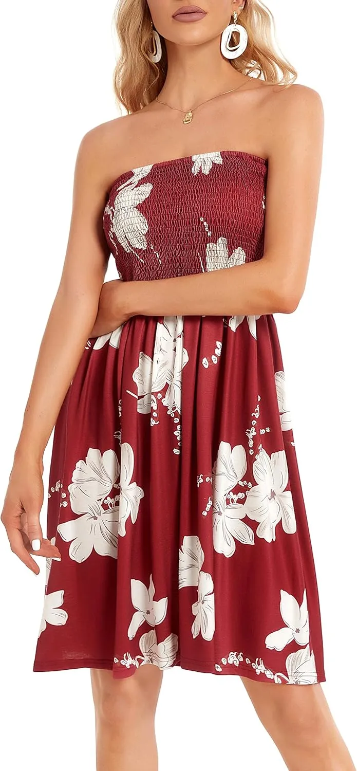 CHICGAL Summer Dresses for Women Beach Cover Ups Strapless Boho Floral Print Sundress