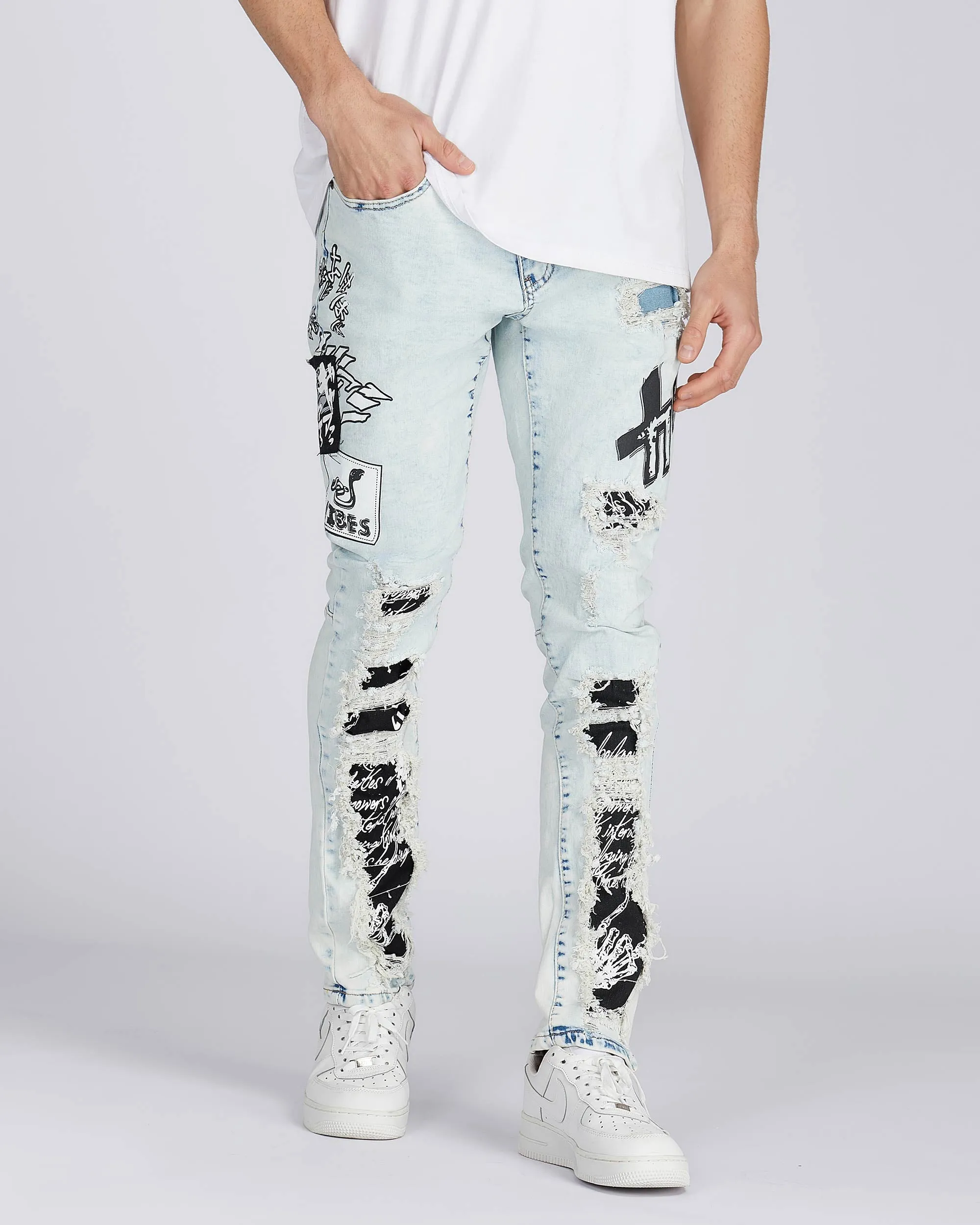 Distressed Blue Jeans with Faded Spray Painted Design-Mexico Local Delivery