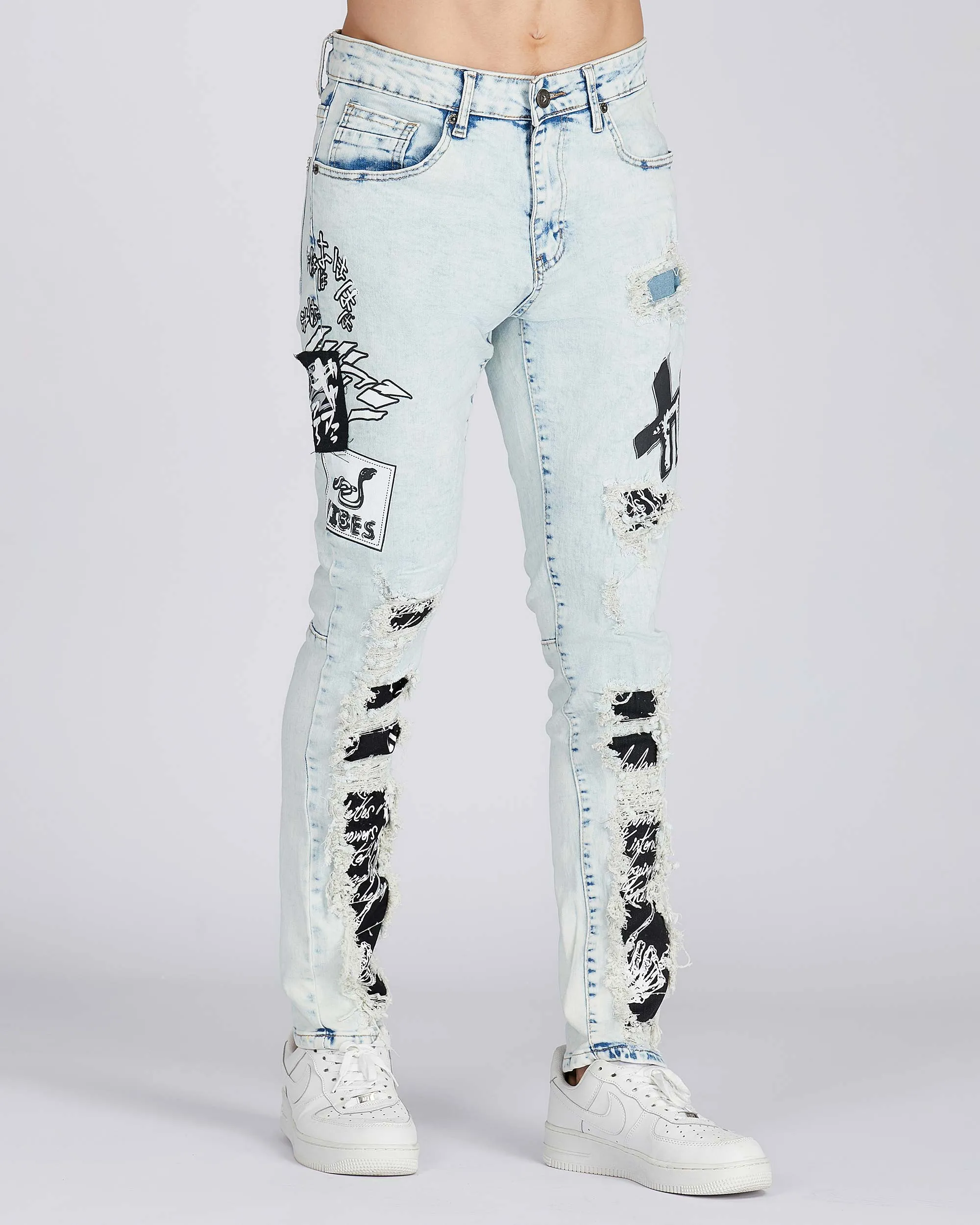 Distressed Blue Jeans with Faded Spray Painted Design-Mexico Local Delivery