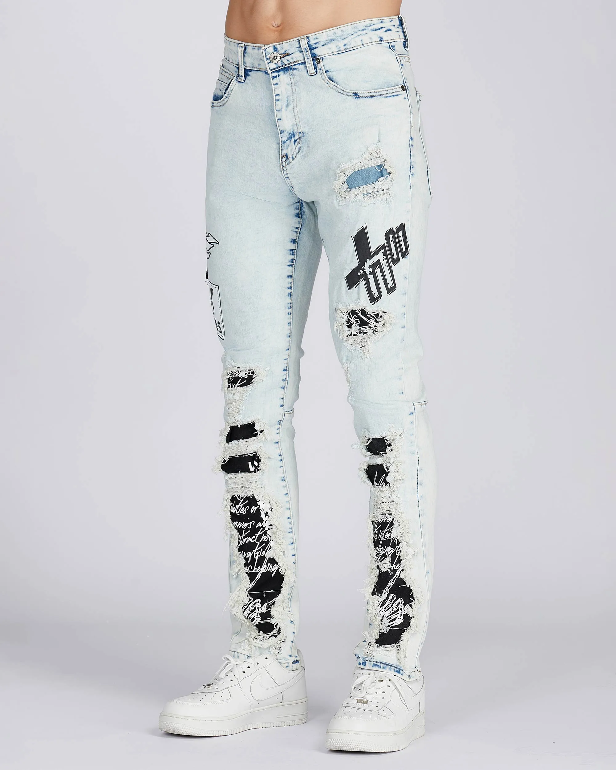 Distressed Blue Jeans with Faded Spray Painted Design-Mexico Local Delivery