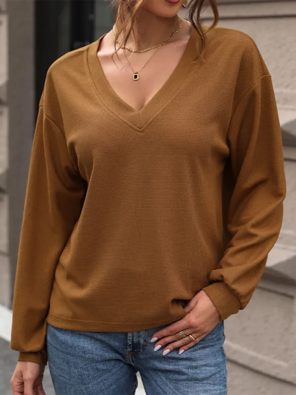 Elowen New Women's Waffle V-Neck Long-Sleeved T-Shirt