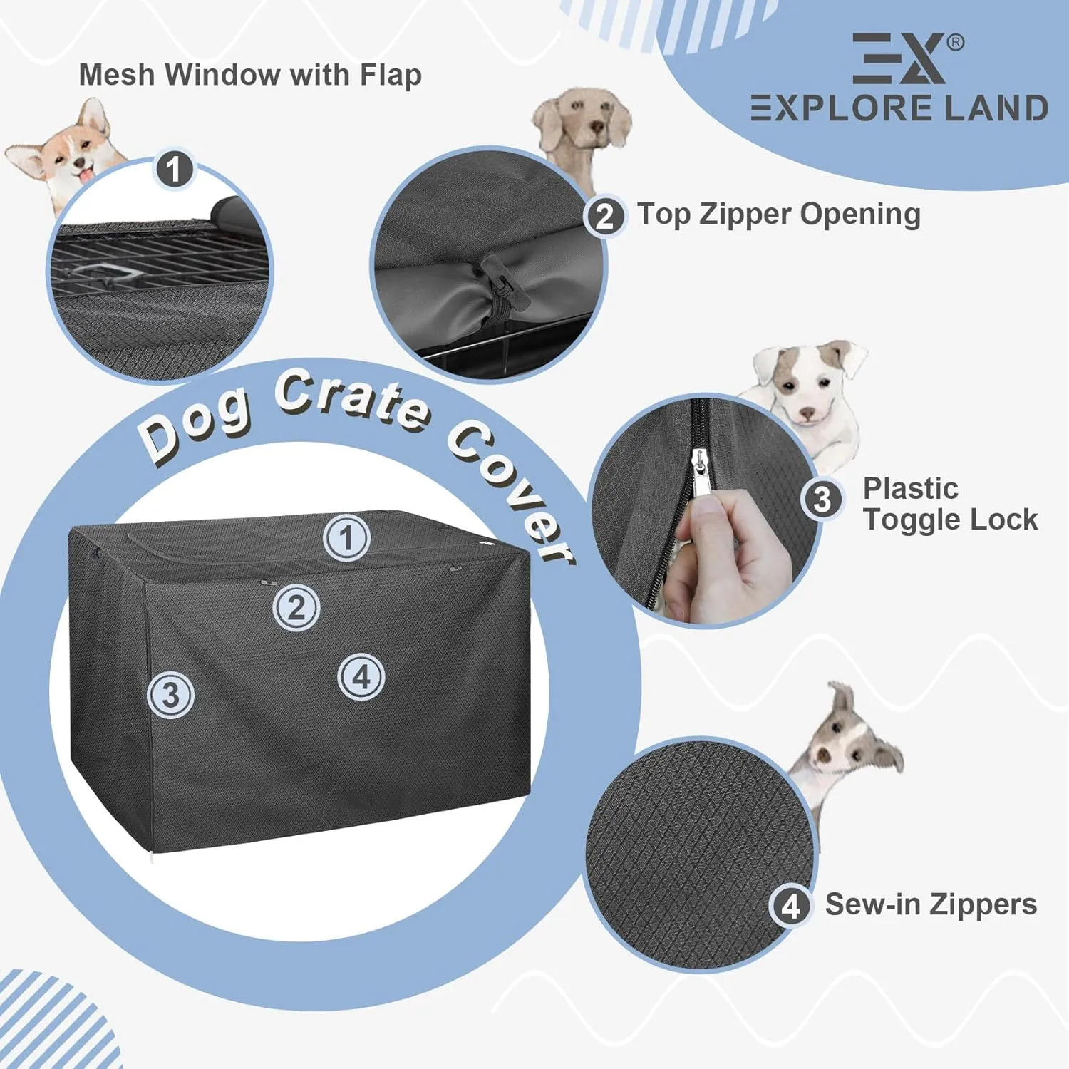 Explore Land Dog Crate Cover for 42 Inches Wire Cage, Heavy-Duty Lattice Pet Kennel Enclosure Compatible with 1 2 3 Doors Standard Metal Cage (Black)
