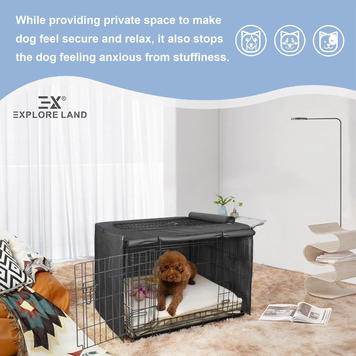 Explore Land Dog Crate Cover for 42 Inches Wire Cage, Heavy-Duty Lattice Pet Kennel Enclosure Compatible with 1 2 3 Doors Standard Metal Cage (Black)