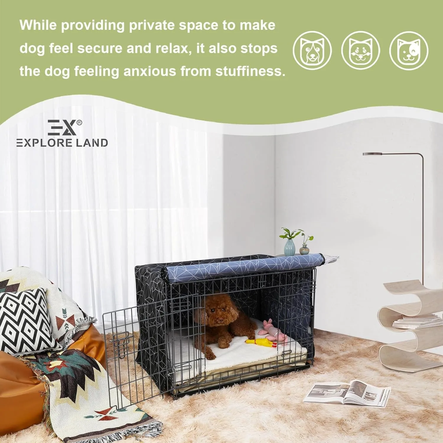 Explore Land Pattern Dog Crate Cover for 36 Inches Wire Cage, Heavy-Duty Polyester 1 2 3 Doors Standard Metal Pet Kennel Enclosure (Brief Polygonal)